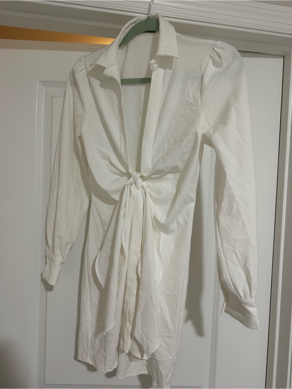 White Tie-Front Long Sleeve Dress